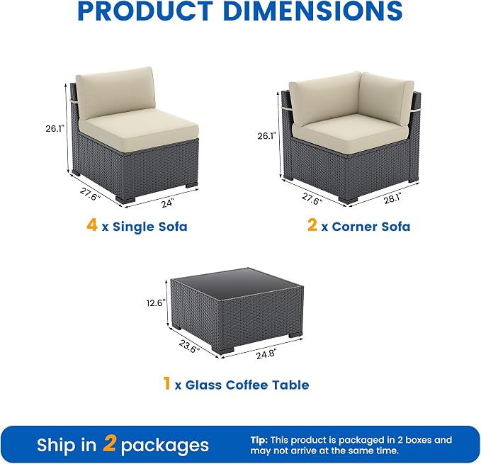 Patio Furniture Sets, 7-Piece Outdoor Patio Furniture with Thick Cushions,Coffee Table Outdoor All-Weather Conversation Set Sectional Sofa for Backyard, Poolside, Garden(Khaki)