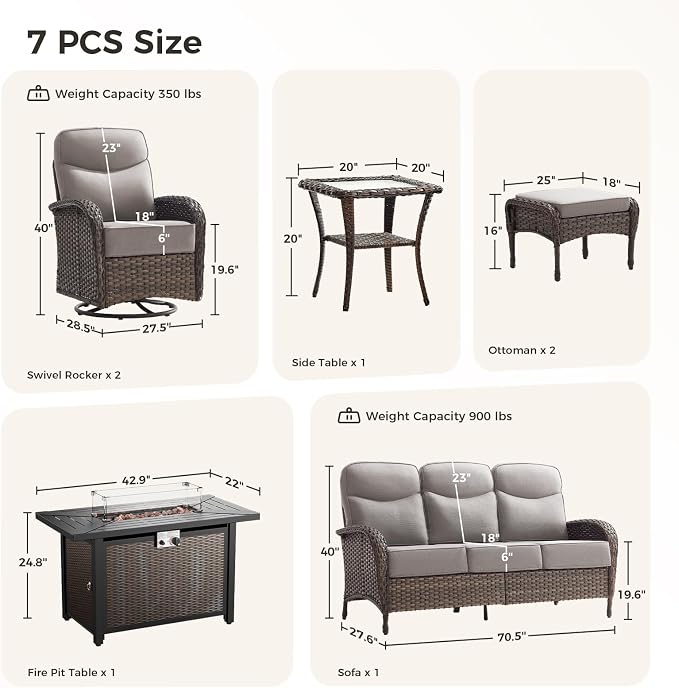 Luxury Patio Furniture Set with Fire Pit Table, Outdoor Furniture Set with High Back Swivel Chairs & 6-inch Thick Cushions, 7 PCS Fire Pit Patio Set for Yard, Deck, Poolside, Brown/Beige