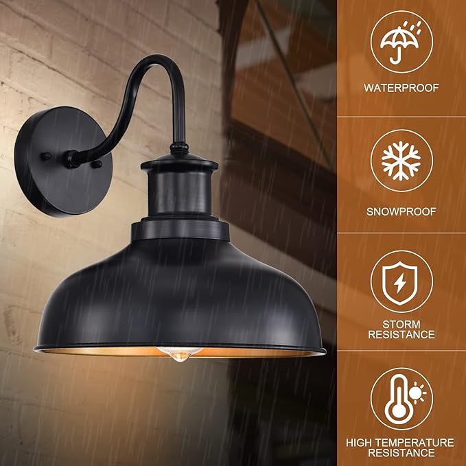 Outdoor Barn Lights, Farmhouse Outdoor Wall Sconces, Rustic Exterior Wall Mount Lights, Vintage Outside Lighting Fixtures, Industrial Black Gold Lanterns for Barn Shed Porch Garage Patio, 2 Pack