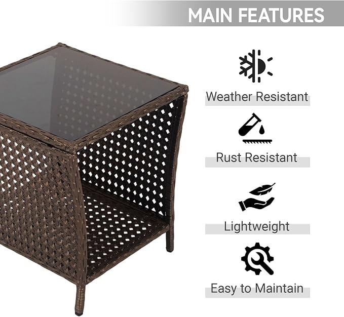 Kinfant Outdoor Wicker Side Table with Tempered Glass Top, 17.7" Square Patio End Table with Storage Shelf, Weather-Resistant Rattan Table for Balcony, Porch, Deck, Garden, Easy Assembly, Black Gold