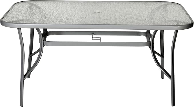 Flash Furniture Tory Rectangle Patio Table with Umbrella Hole, Commercial All-Weather Table with Heat Resistant Tempered Glass, Steel Tube Frame, 35x 59, Silver