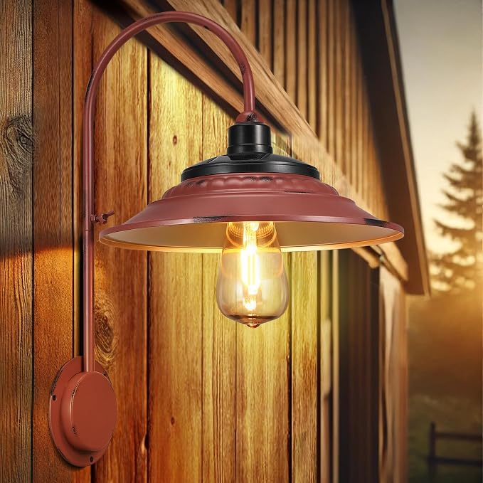 Solar Barn Lights Outdoor, 2PCS Waterproof Wall Light Fixture, Rustic Vintage Metal Gooseneck Solar Wall Mount Lights with Gold Interior, Shed Light for Outdoor Garage Porch Chicken Coop