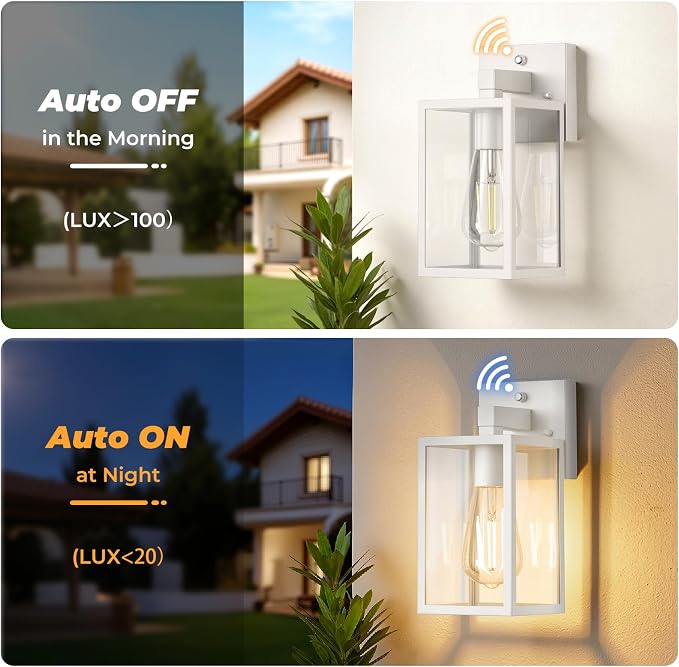 FOLKSMATE 2 Pack Dusk to Dawn Outdoor Wall Light Fixtures, Exterior Porch Light, Waterproof Wall Sconces Lanterns, Sensor Lighting Wall Mount for House Doorway Garage, White