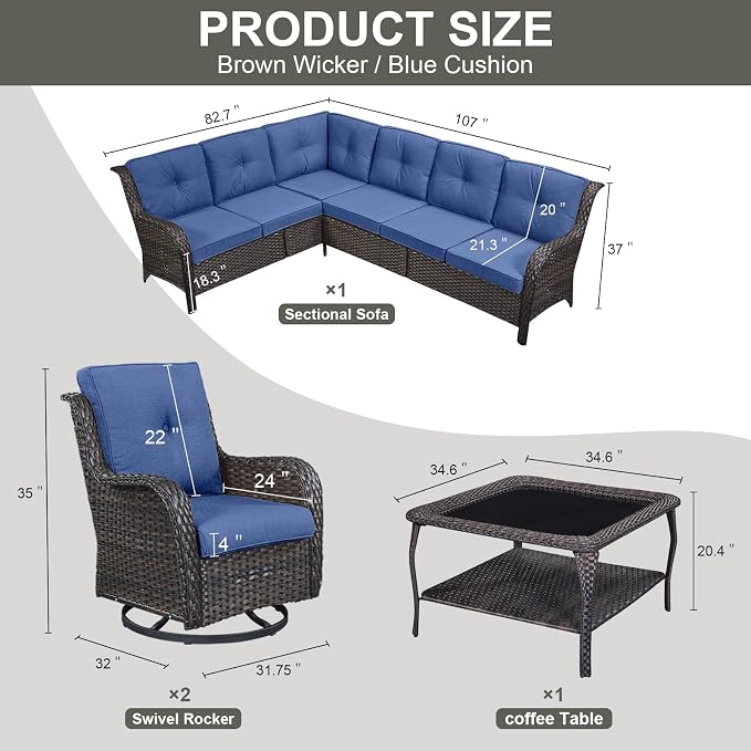 Belord Patio Furniture Set 6 Seats, Outdoor Swivel Rocker Patio Chairs, Oversized Outdoor Sectional Couch, Two 3-Seater Sofas with Coffee Table, Ideal for Porch, Deck, Brown Wicker/Blue