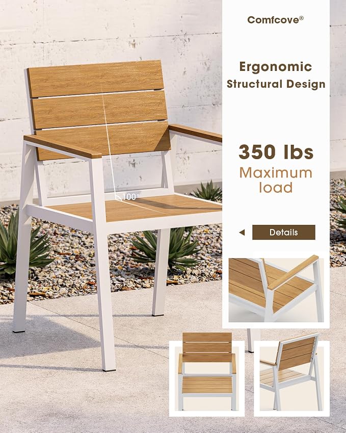 Outdoor Dining Table, Aluminum Patio HDPS Outdooor Table with Umbrella Hole, All Weather Patio Furniture Set, Patio Dining Table (White & Teak)