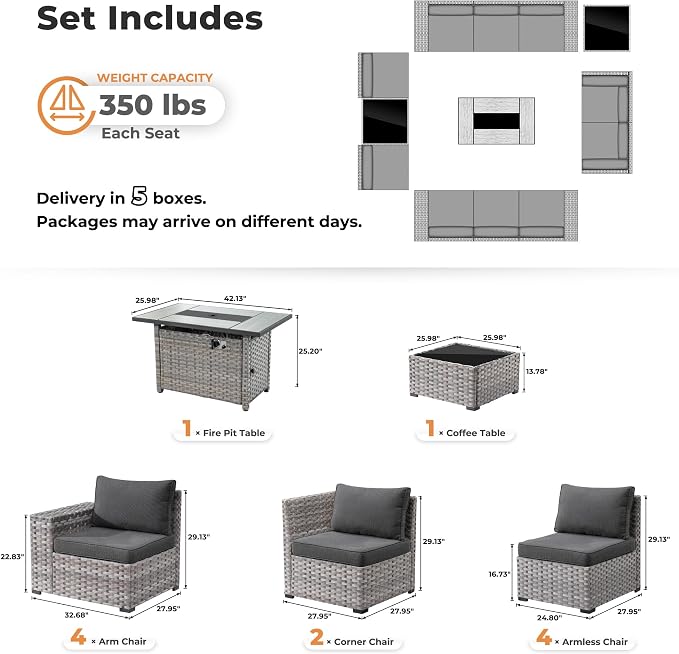 ovios 13 Pieces Patio Furniture Set, Outdoor Wicker Sectional Sofa with 42 Inch Fire Pit Table Comfy Cushions, Modern Modular Deep Seat Rattan Couch Conversation Set, Black