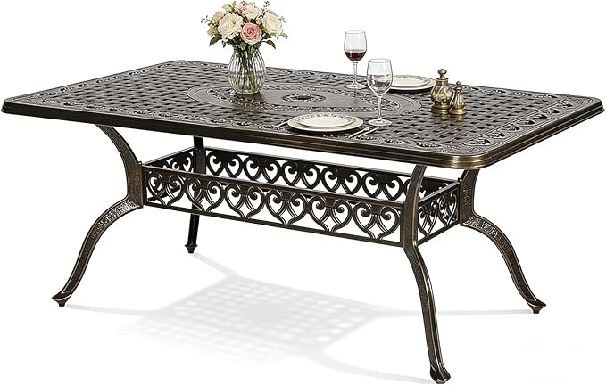 MEETWARM Outdoor 60" Rectangular Patio Dining Table, All Weather Cast Aluminum Large Patio Furniture Table Fits for 6-8 Person with 2" Umbrella Hole, Dark Bronze