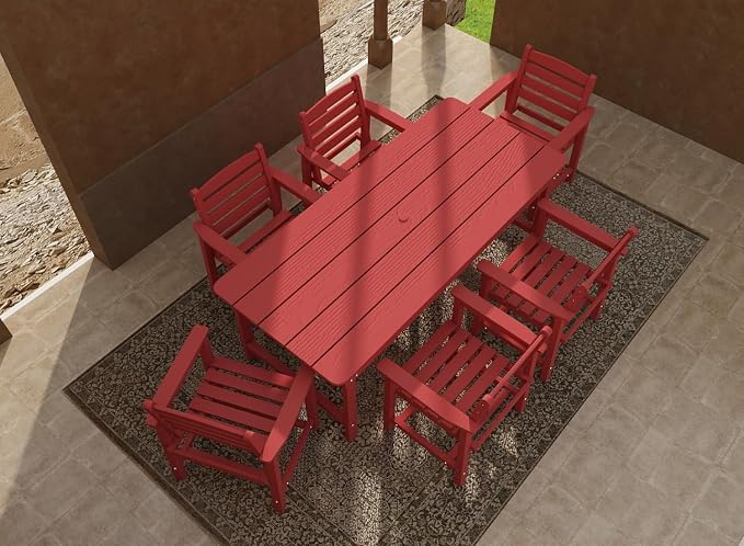 7-Piece Outdoor Dining Set for 6,Red | HDPE table, chairs included, umbrella hole design, weather-resistant furniture, perfect for backyard, deck, garden