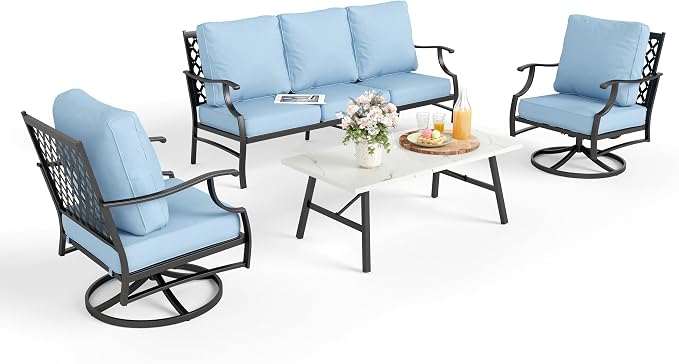 MIXPATIO Patio Furniture Set 4 pcs, Metal Outdoor Patio Furniture, 3-Seat Sofa, 2 Swivel Chairs, Coffee Table and 5.75" Extra Thick Cushion, Patio Conversation Set for Garden Backyard Deck,Blue