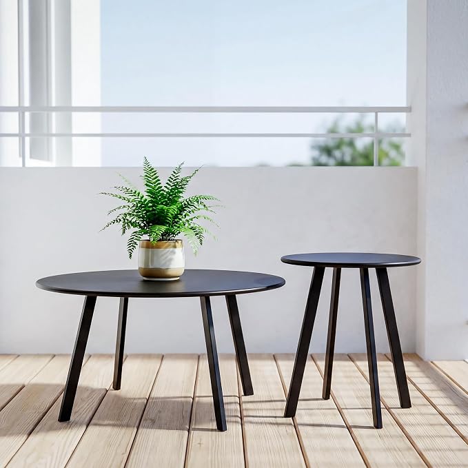 Nesting Side Table Set of 2, Modern Black Metal Wire Round End Tables, Industrial Accent Tables for Patio, Balcony, Living Room, Garden (Black Table)