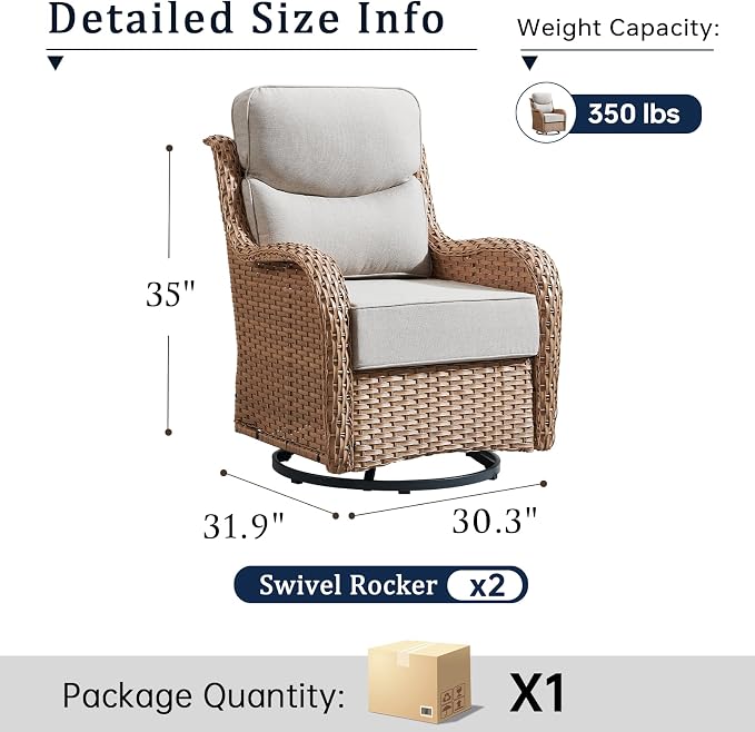 High Back Outdoor Swivel Rocker Patio Chairs with 6-Inch Cushions and Zoned Backrest, Deep Seat Wicker Patio Furniture Set for Deck Porch Garden Balcony and Poolside