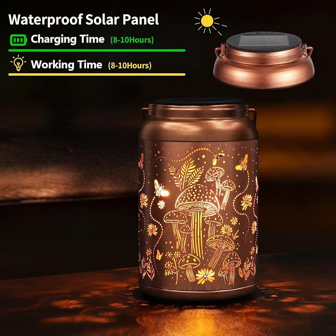 2 Pack Solar Lanterns Outdoor Waterproof Mushroom Garden Decor | Gifts for Women Mom Grandma Hanging Solar Lights Metal Solar Decoration Outside LED Lanterns for Yard, Patio, Lawn
