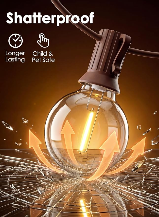 SUNSGNE 100FT Brown Outdoor String Lights, Shatterproof LED Globe String Lights with 50 G40 LED Bulbs, Waterproof Connectable Hanging Light for Backyard Patio Porch Balcony Party Decor, E12 Base