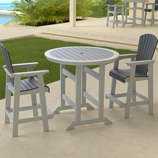 Outdoor Bar Height Table and Chairs Set of 3, Round Counter Bar Table with 1.96" Umbrella Hole, 2 Pcs Tall Adirondack Chairs Bar Stools with Arm, Patio Dining Set for Backyard Deck Balcony Front Porch