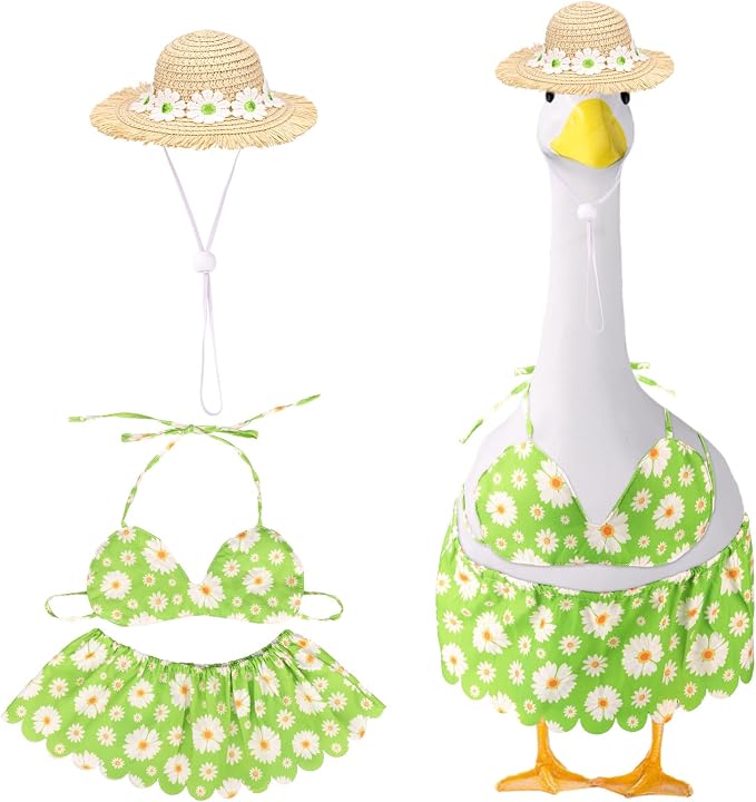 Lyreh Porch Goose Outfits Set, Includes Bikini and Straw Hat Daisy Pastoral Style Goose Clothes Set for Outdoor Garden Yard Patio Lawn Statue Decor