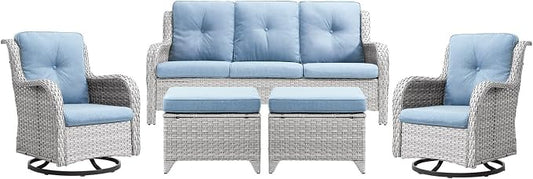 Wicker Patio Furniture Set: 5 Piece Outdoor Conversation Sets with Swivel Rocker Chairs Patio Couch Ottomans, All Weather Rattan Outdoor Furniture Seating for Porch Balcony, Light Grey