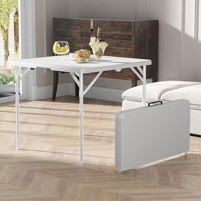 34" Folding Table, Portable Square Folding Card Table, Picnic Tables with Collapsible Legs & Carrying Handle (White, 2 Pack)