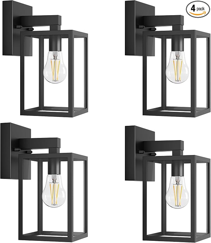 Outdoor Wall Light, Waterproof Exterior Porch Lighting Fixture | 4 Pack, Black, Anti-Rust, Patio Wall Lantern Sconce, E26 Socket Wall Mount Lighting, Front Door Light for Outside Entryway