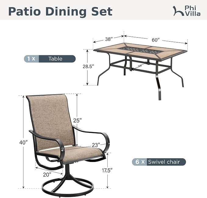 PHI VILLA 7 Piece Patio Dining Set, 6 Swivel Patio Chairs with Textilene Mesh Fabric & Rectangular Wooden-Like Dining Table(1.6"Umbrella Hole), All Weather Patio Chairs and Table Set for Deck (Brown)