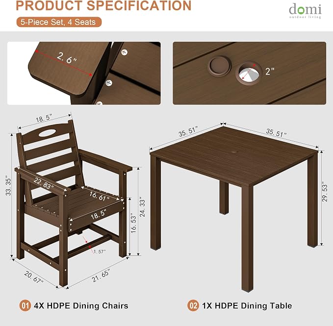 Domi HDPE Outdoor Dining Set, All-Weather Outdoor Dining Table Set of 5 with 2" Umbrella Hole, Outdoor Patio Dining Set for Garden, Poolside, Backyard, Deck, Brown