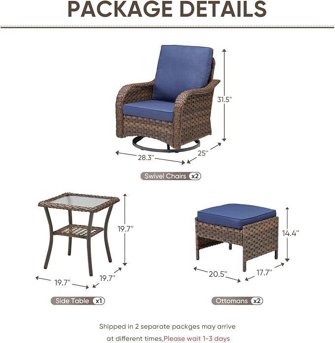 Patio Furniture Set - 5 Pieces All Weather Wicker Outdoor Furniture with 2 Swivel Chairs, 2 Ottomans and Side Table, Ergonomic Design for Porch, Deck, Balcony, Garden, and Backyard(Blue)