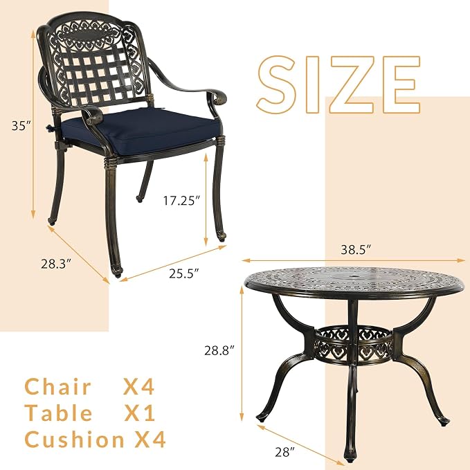 5-Piece Outdoor Patio Dining Set, All-Weather Cast Aluminum Patio Furniture Set for Backyard Garden Deck with 4 Chairs, 4 Cushions and 38.5" Round Table, 2" Umbrella Hole, Navy