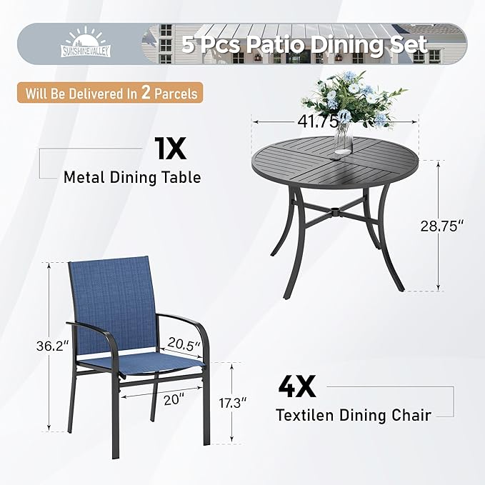 SUNSHINE VALLEY 5 Piece Patio Dining Set for 4, 42" x 42" Round Metal Table with Umbrella Hole and 4 Blue Chairs, Outdoor Table and Chairs Set for Lawn Backyard and Deck