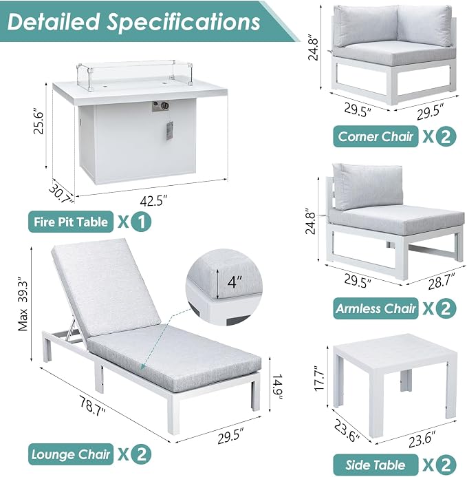RADIATA 9 Pieces Aluminum Patio Furniture Set with Fire Pit Table, Modern Outdoor Sectional Sofa, Large Conversation Seat with Thick Cushion for Garden Backyard Deck Porch (White)
