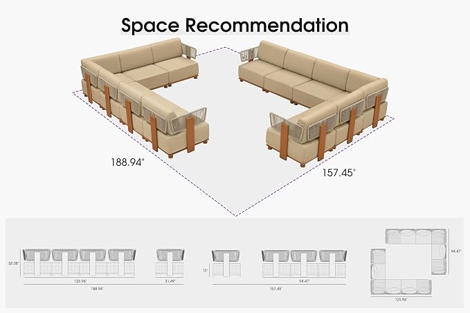 PURPLE LEAF Patio Furniture Set Modular L-Shaped Outdoor Sectional Sofa with 11" Thick Olefin Cushion 12-Piece Outdoor Conversation Set with White Lights for Patio Backyard Garden Poolside, Beige