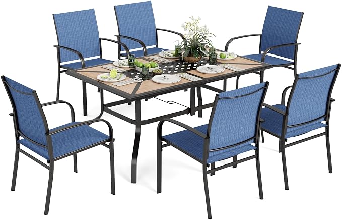 MIXPATIO Outdoor Patio Dining Set 7 Piece Furniture Set with 6 Blue Textilene Chairs and Wood-Like Table Top Rectangular Table for Deck Garden Backyard Lawn Poolside