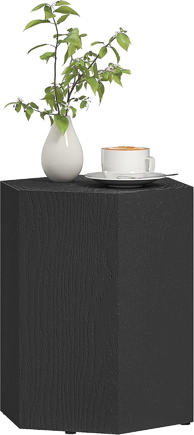 HOMCOM Concrete Finish Side Table, Lightweight Accent Table, 17" Patio Hexagonal Stump End Table with 4 Adjustable Feet for Indoor, Outdoor, Black Wood Grain