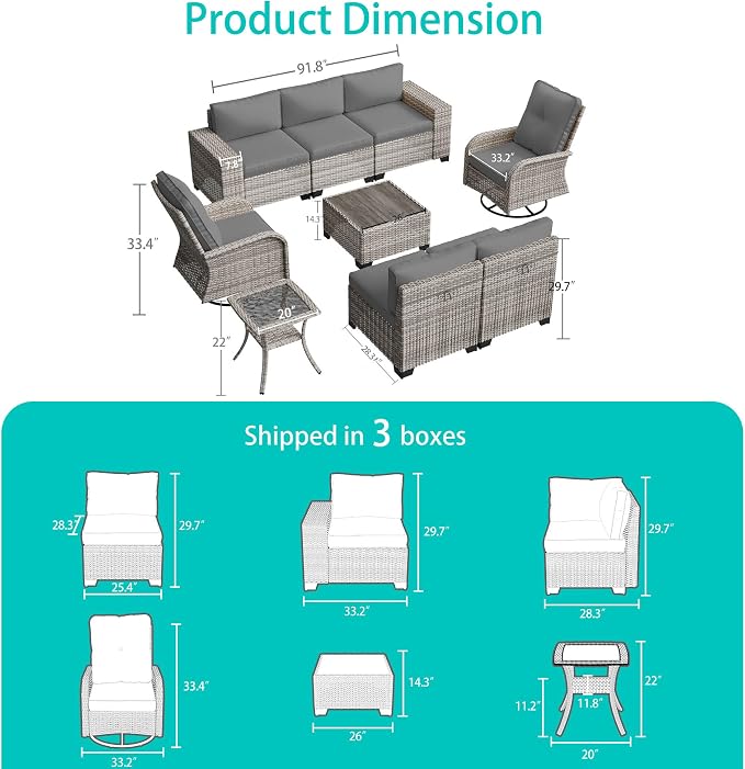 9-Piece Outdoor Patio Furniture Set with Rocking Swivel Chair Wicker Sectional Sofa Set, Patio Conversation Set with Thickened Cushions & Coffee Table for Garden, Backyard, Poolside, Grey