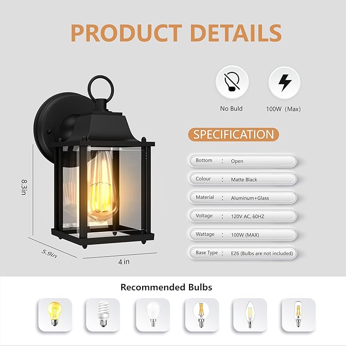 Outdoor Wall Light Fixtures Waterproof Porch Lights Anti-Rust Matte Black Outdoor Wall Lantern for Patio Front Door Garage - 2 Pack
