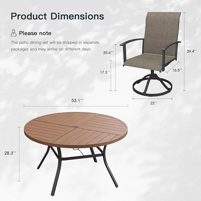 VICLLAX 7 Pieces Patio Outdoor Dining Set, 6 Swivel Textilene Chairs and 53" Round Metal Table with Umbrella Hole for Porch, Deck, Garden, Walnut/Brown