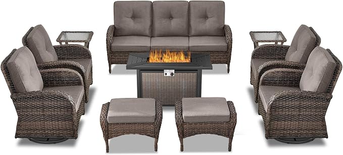 Belord Expansive 10 Pieces Outdoor Patio Furniture Set with 43” Propane Fire Pit Table, Patio Conversation Set with Swivel Rocker Outdoor Chairs Set of 4 and Sofa, Ottoman and Wicker Side Table Brown