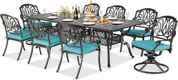 9-Piece Patio Cast Aluminum Dining Set, Outdoor Dining Furniture Set for 8, Includes 94.5" Rectangular Dining Table, 6 Stationary, 2 Swivel Dining Chairs with Umbrella Hole, Ocean Blue