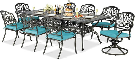 9-Piece Patio Cast Aluminum Dining Set, Outdoor Dining Furniture Set for 8, Includes 94.5" Rectangular Dining Table, 6 Stationary, 2 Swivel Dining Chairs with Umbrella Hole, Ocean Blue