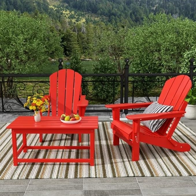Multi-Functional Classic Style Adirondack Patio Coffee Table 17.50" L x 35.30" W | All Weather Solid Hued Design Deep Red Color UV Rust Resistant | Best for Balcony Garden Poolside Indoor Outdoor Use