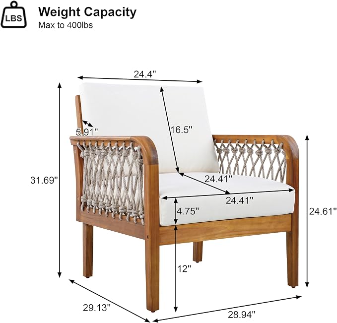 VilroCaz 4-Piece Acacia Wood Outdoor Patio Furniture Set with Loveseat, 2 Club Chair& Coffee Table, All-Weather Conversation Sofa Set with Rope Woven Armrests, Removable Cushions (Teak-N5)