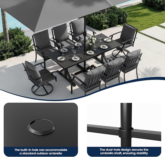 10 Piece Outdoor Dining Set for 8, Patio Table and Chairs Set with Umbrella & Cushions, Patio Furniture Set with 2 Swivel Chairs, Metal Dining Table with Umbrella Hole for Lawn Garden Yard-Grey