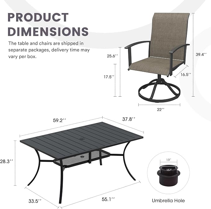 7 Pieces Outdoor Patio Dining Set, 59.2" All Weather Rectangle Metal Table with Umbrella Hole and Storage Shelf, 6 High Back Textilene Swivel Chairs for Garden, Lawn, Black Table&Brown Chairs