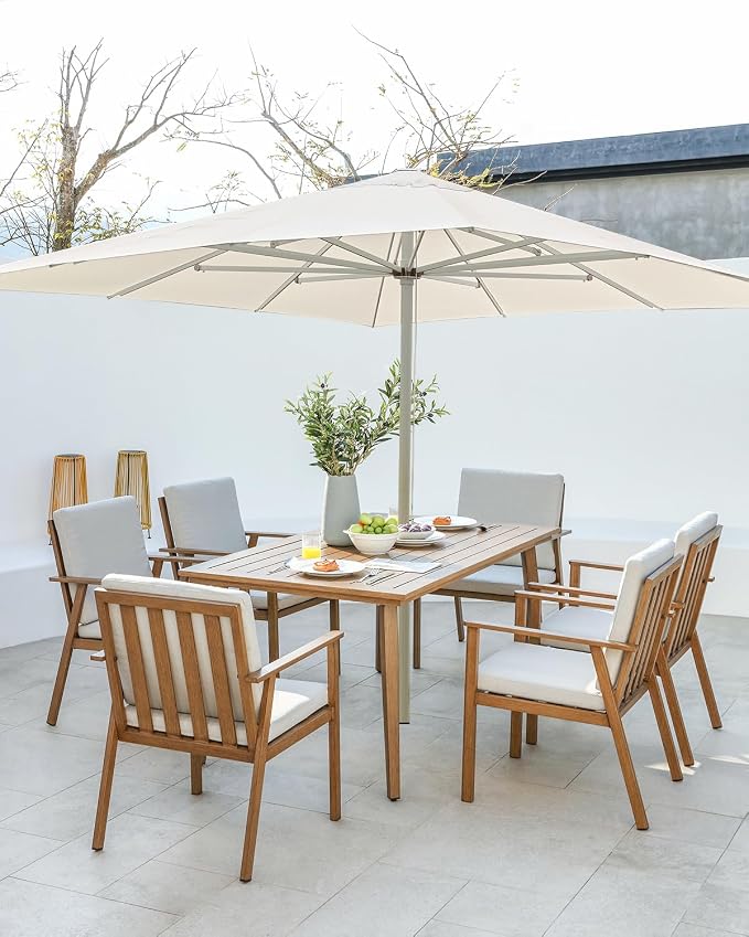 7 Pieces Patio Dining Set for 6, Never-Rust Aluminum Outdoor Table and Chair Set, Outdoor Dining Set with Cushions, Outdoor Patio Table Sets with Umbrella Hole for Deck Garden Pool, Teak