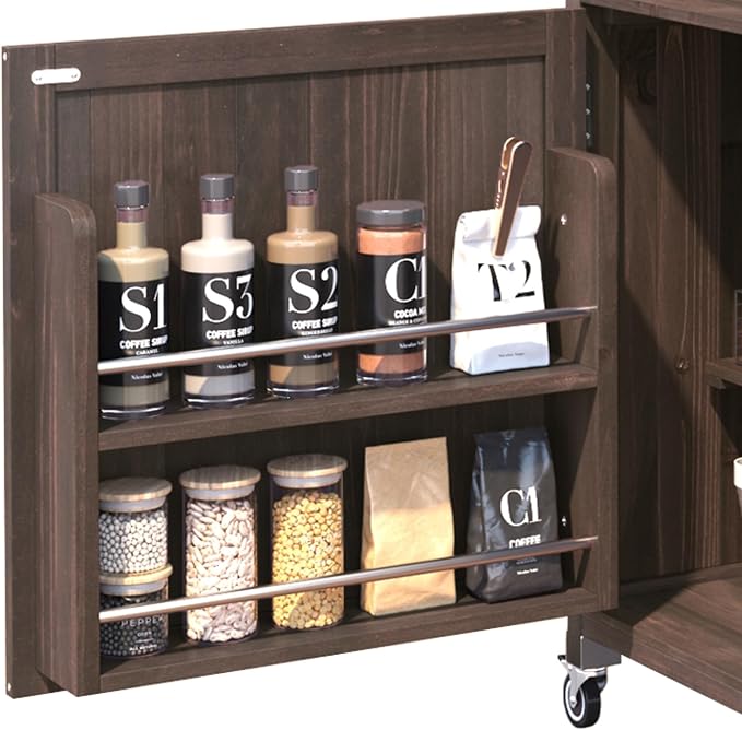 RUNNA Outdoor Kitchen Island with Raised Shelf,Solid Wood Storage Cabinet with Stainless Steel Top,Outdoor Rolling Grill Cart with Internal Storage Rack, Adjustable Shelf,Spice Rack (Brown#028)