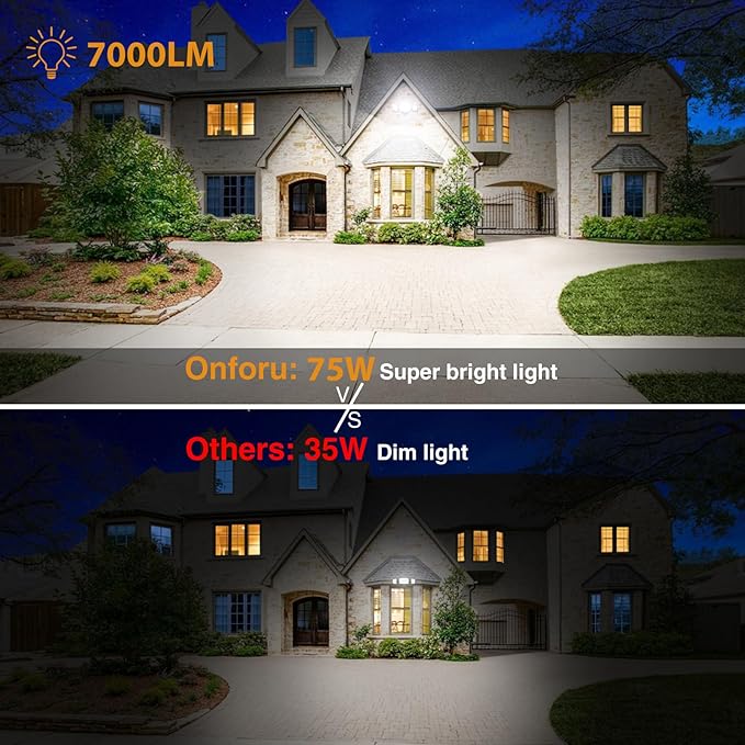 Onforu 75W LED Security Light, 7000LM Brightness Outdoor Flood Light Fixture Switch Controlled, IP65 Waterproof, 6500K White Wall Mount Exterior Security Floodlight for Eave, Yard, Garage, Porch
