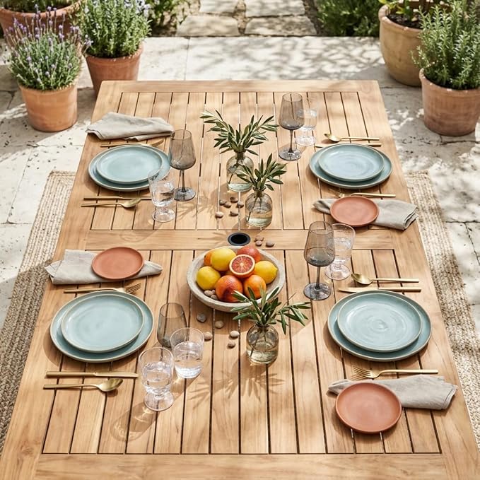 Hives & Honey Catalina Rectangular Outdoor Dining Table, Grade-A Teak Wood Patio Table with Aluminum Legs & Umbrella Hole, Seats 4–6, Grey