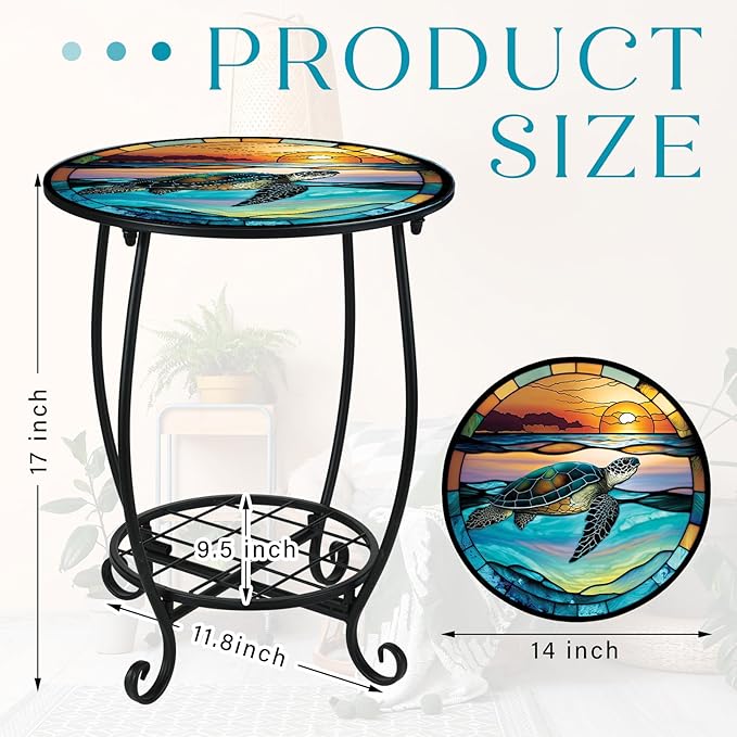 Cinnvoice Outdoor Side Table Round Small Mosaic Patio Accent Indoor End Plant Coffee Tea Table for Yard Patio Porch Garden Living Room, Bedroom(Turtle Style,14 Inch)