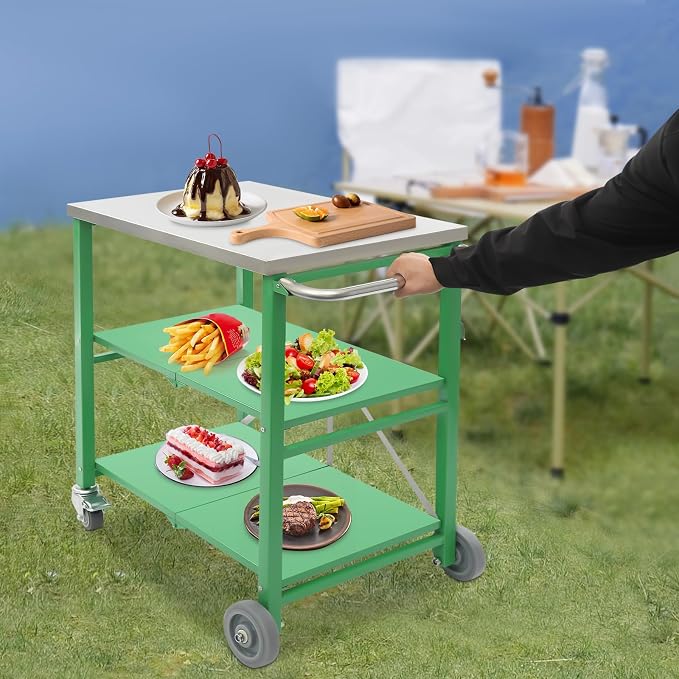 Foldable Outdoor Grill Table with 2 Total Lock Casters, Stainless Steel Pizza Oven Stand, 3 Shelf Folding Kitchen Island, Green, 27.6 x 18.5 (Silver, Green)