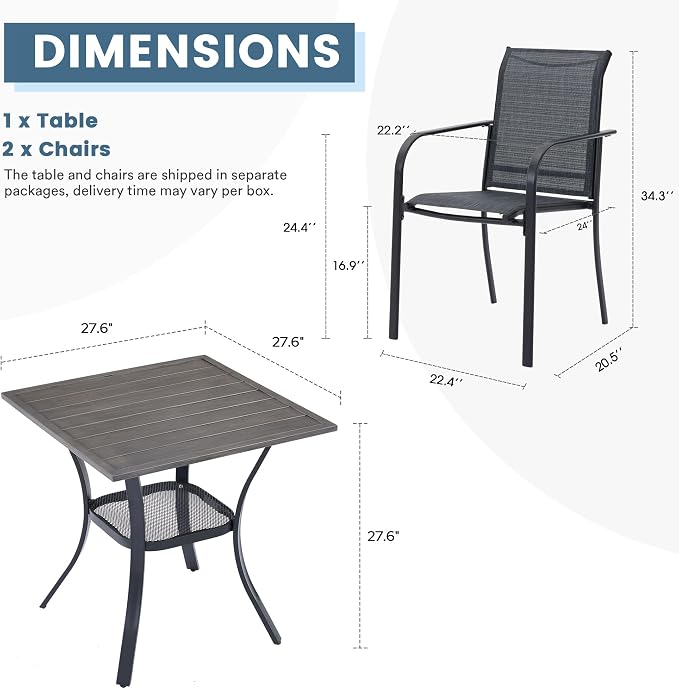 DIFY 3-Piece Outdoor Patio Bistro Dining Set, Grey Wood-Like Small Square Dining Table & 2 Grey Stackable Metal Chairs with Breathable Fabric, Outdoor Furniture Set for Balcony, Porch, and Deck
