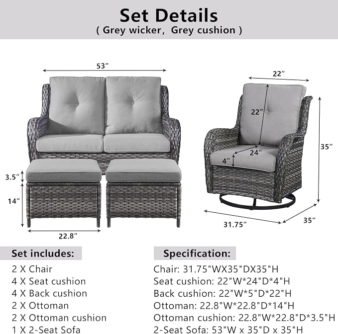 Belord 5 Piece Wicker Patio Furniture Set, Outdoor Swivel Rocker Chairs Set of 2 with Ottomans and Loveseat, All Weather Patio Conversation Furniture Set, for Porch Pool, Gray Wicker/Gray