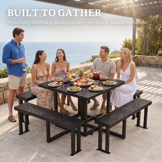 DWVO 38" Square Metal Picnic Table with Umbrella Hole - Heavy Duty Q235 Carbon Steel Outdoor Table Set for Patio, Backyard, and Lawn - Industrial Steel Construction